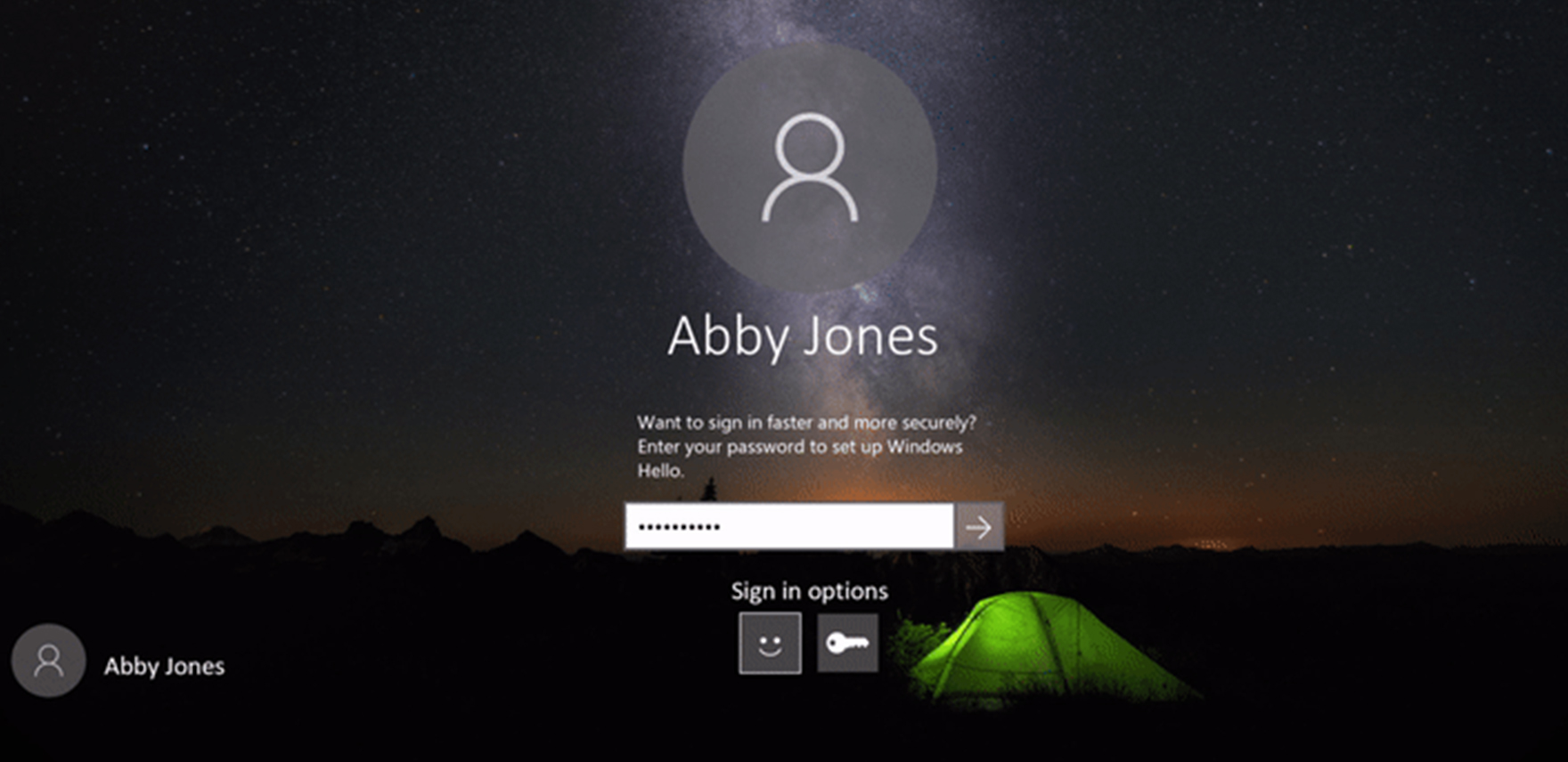 Gif showing how you can can set up Windows Hello Face, Fingerprint or PIN straight from your lock screen by clicking the Windows Hello tile under Sign-in options