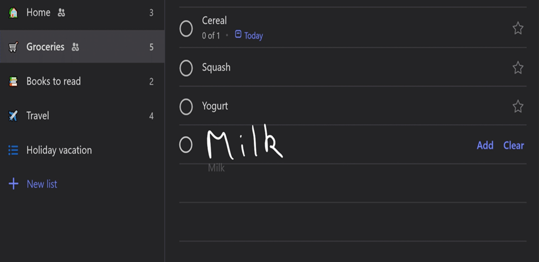 Groceries list on Microsoft To-Do app with 