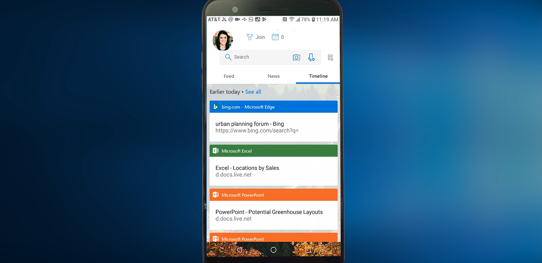 Screenshot of a phone screen with Timeline for phone showing latest files worked on