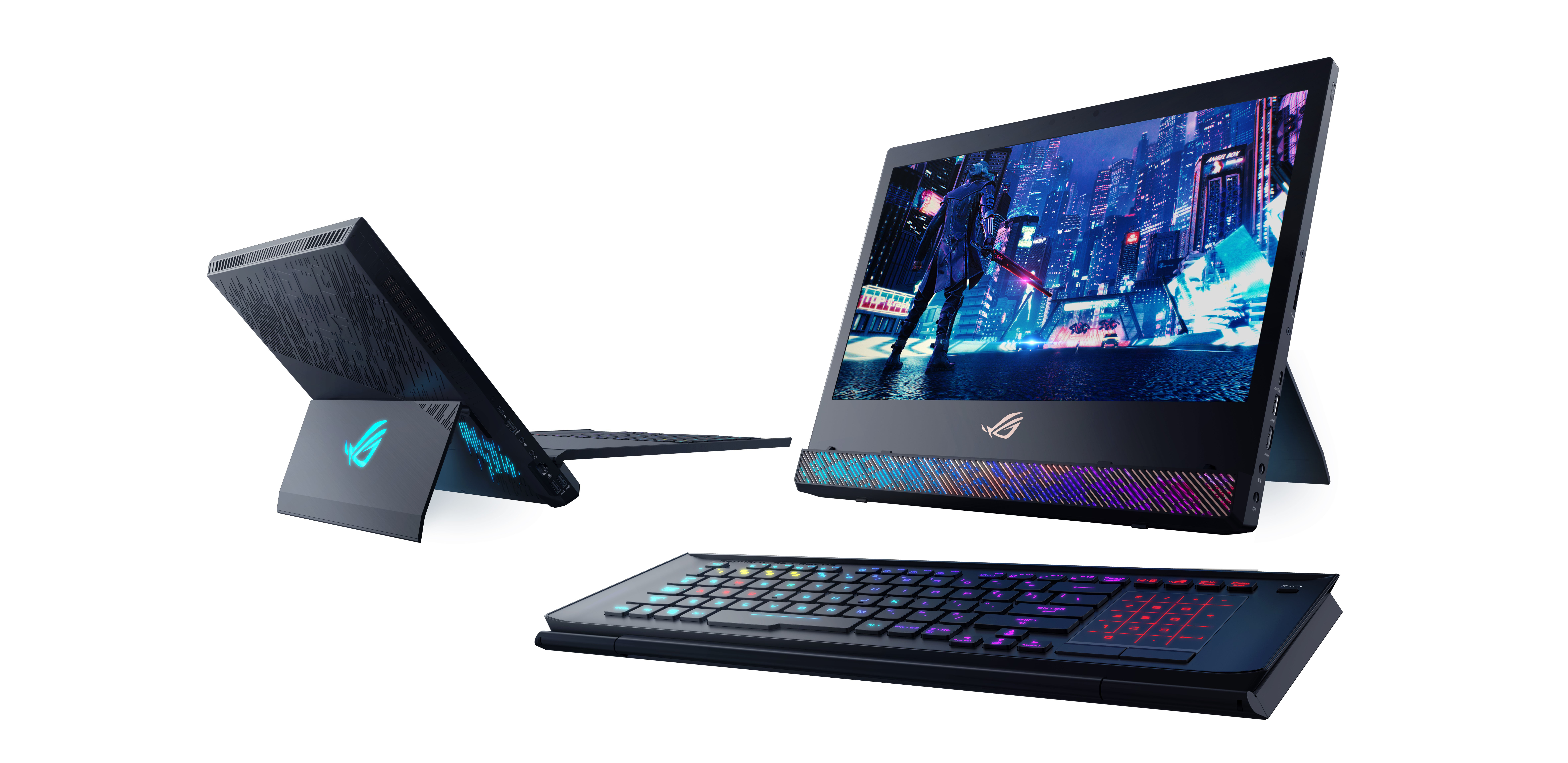 Photo of ROG Mothership GZ700 with detached keyboard and kickstand behind monitor