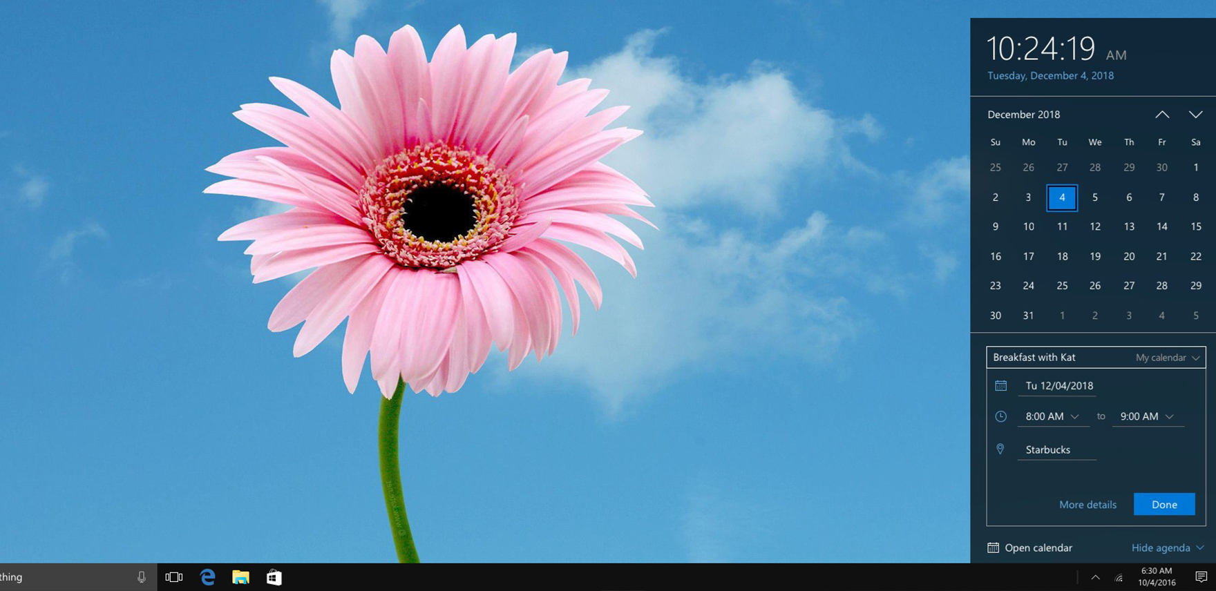 Screenshot of a new calendar entry via the taskbar
