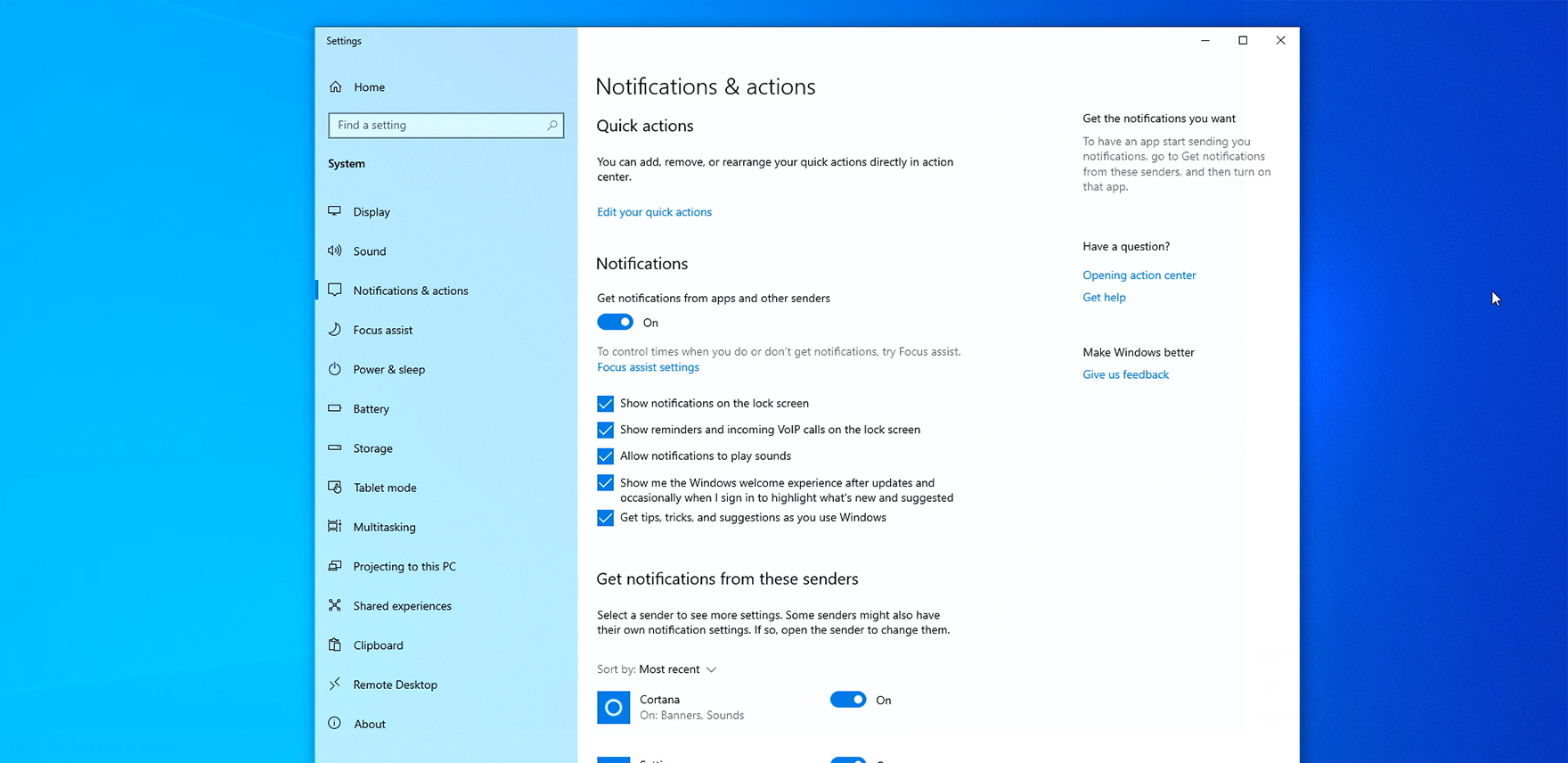 Screenshot of Notifications & actions page