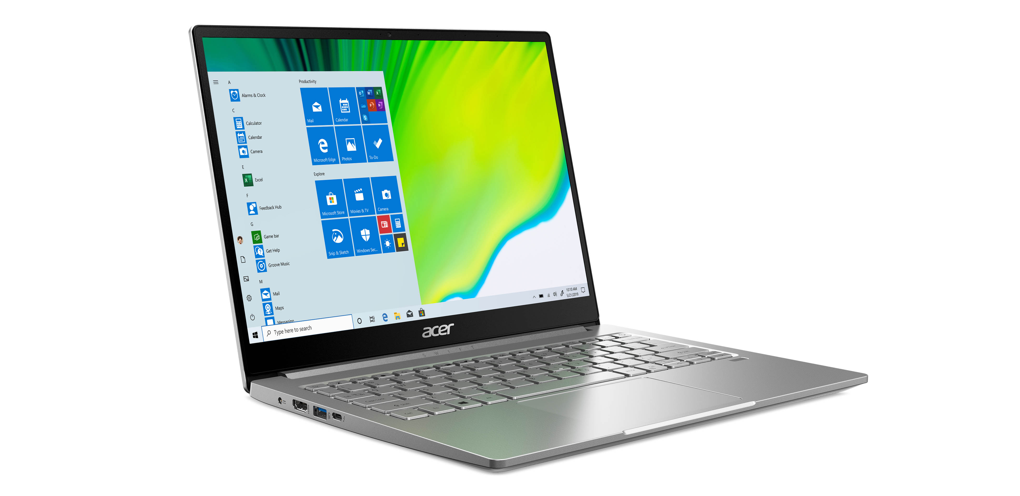 Photo of the Swift 3 SF313-52G, open and facing right with the Windows 10 homepage on the screen