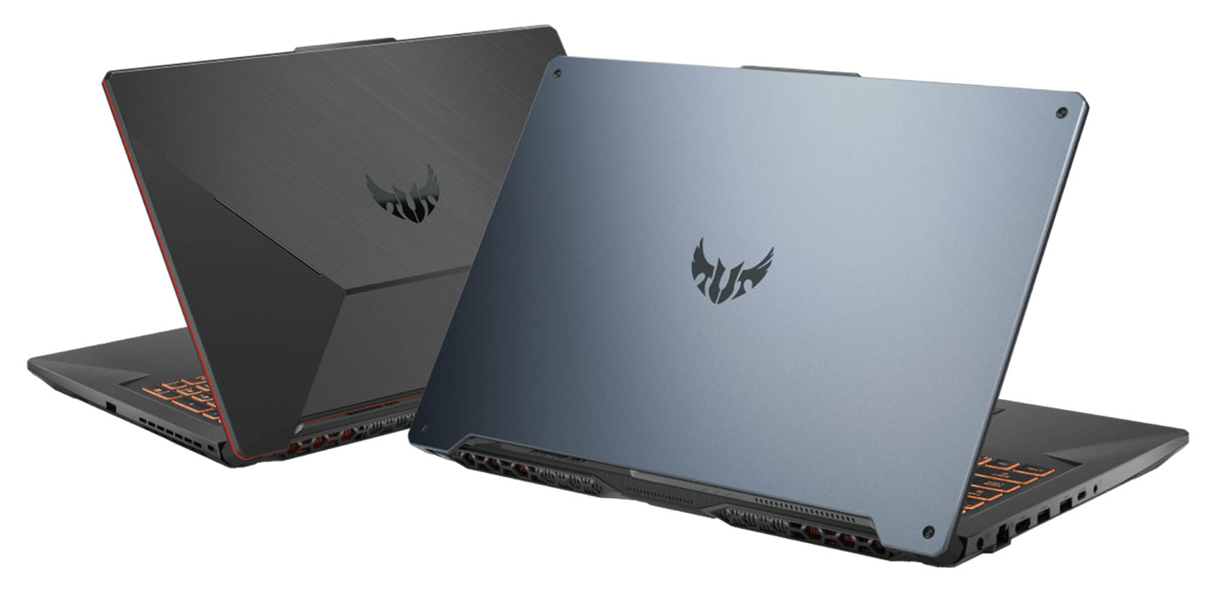 Photo of two TUF Gaming A17 laptops, open but facing away from the reader