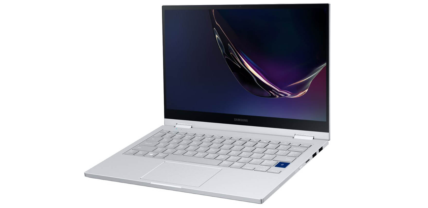 Photo of Galaxy Book Flex α in Mercury Gray, open and facing left