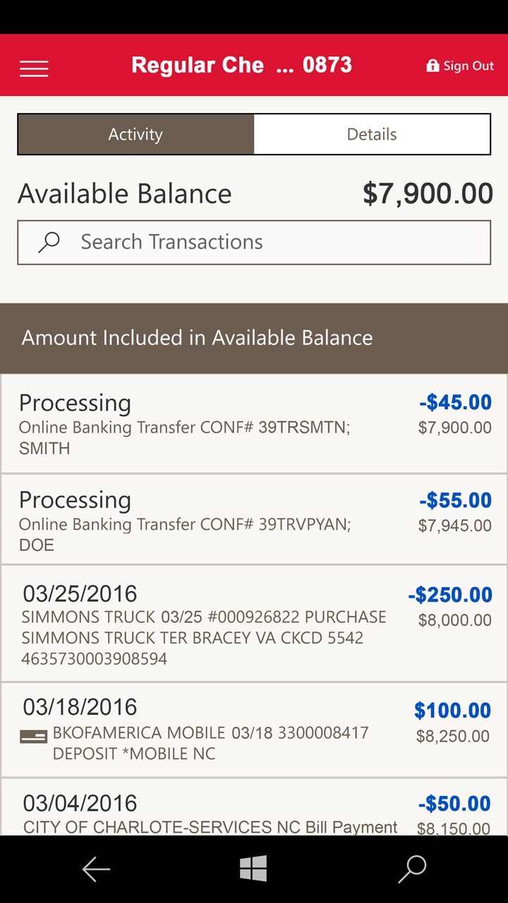 Bank of America app for Windows 10