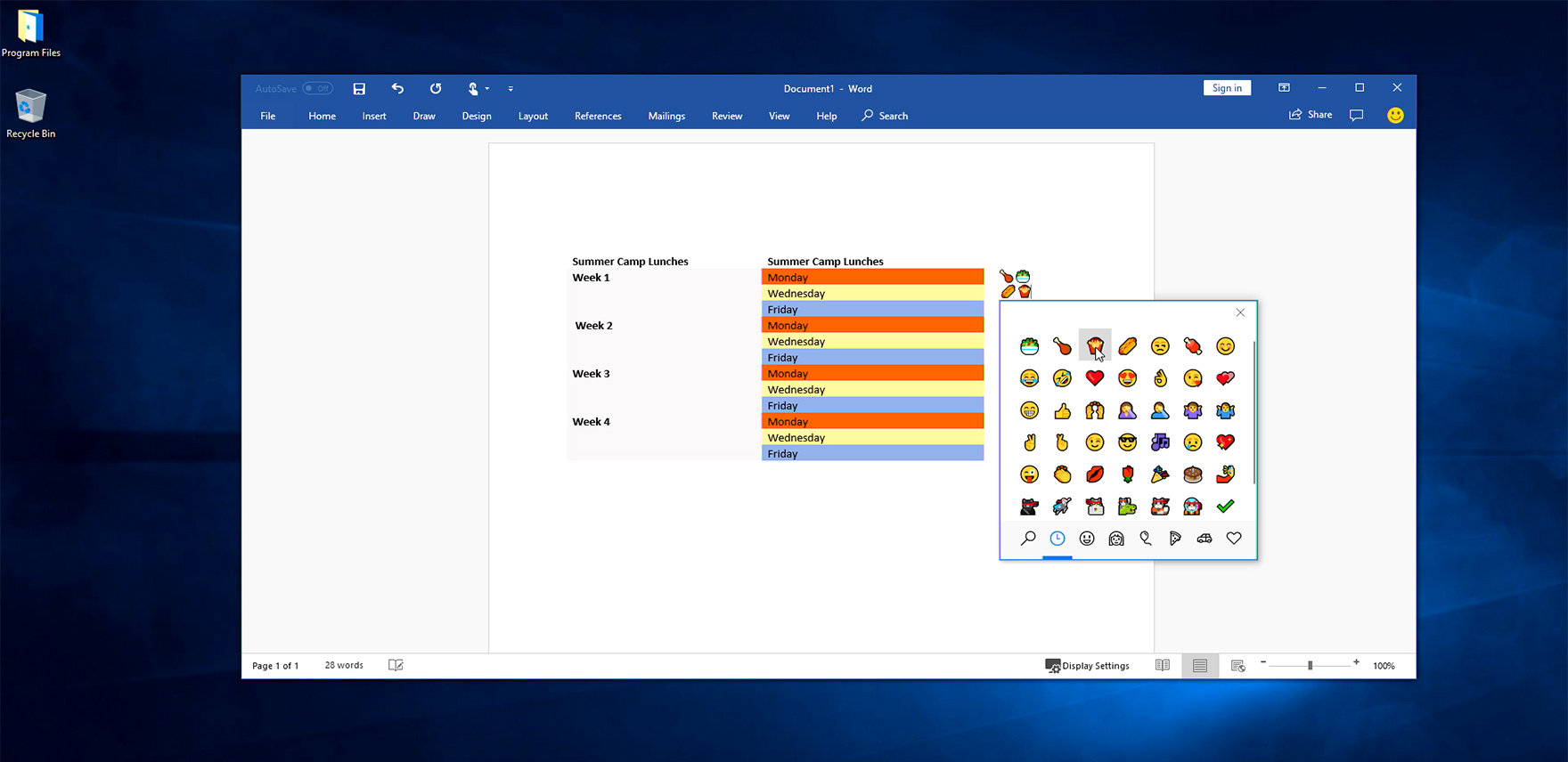 Word document shows days of the week and the Emoji Panel pops up to add food emojis to each day