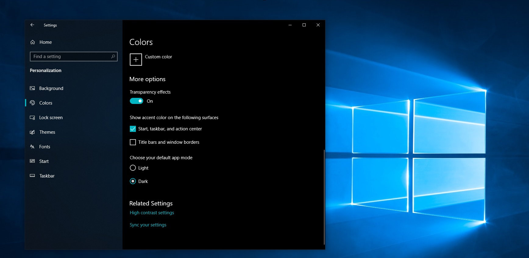 Screenshot of dark theme setting