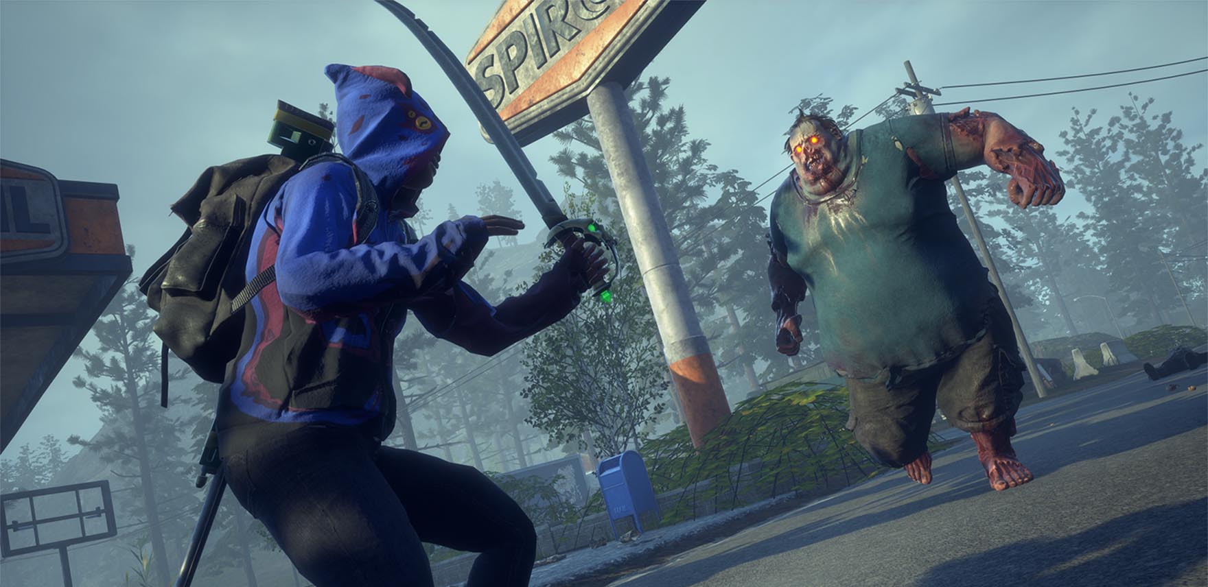 Hooded player wielding a sword against a zombie