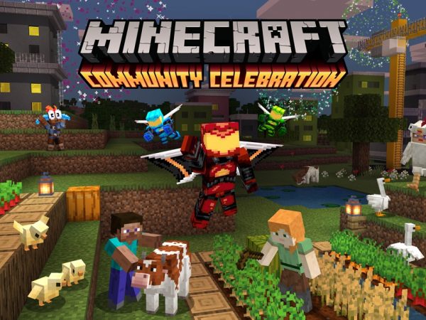 Minecraft characters in a garden