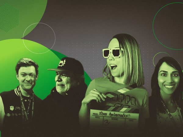 Four Xbox Ambassadors side by side against a green and grey bubble background