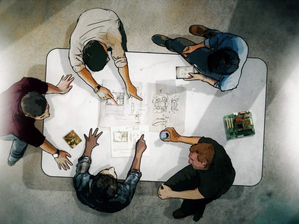 Illustration of five men working at a table, as seen from above