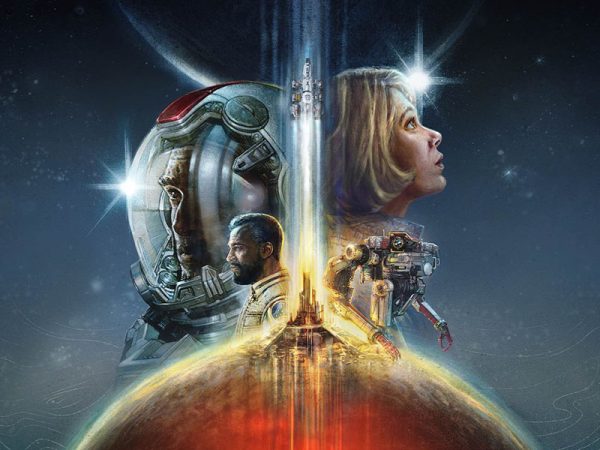 Four characters from Starfield, one a man wearing a space helmet and another a woman looking up to the stars