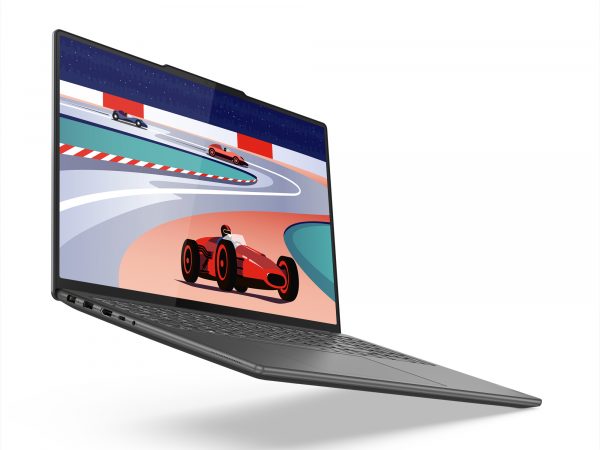Laptop open and facing right floating