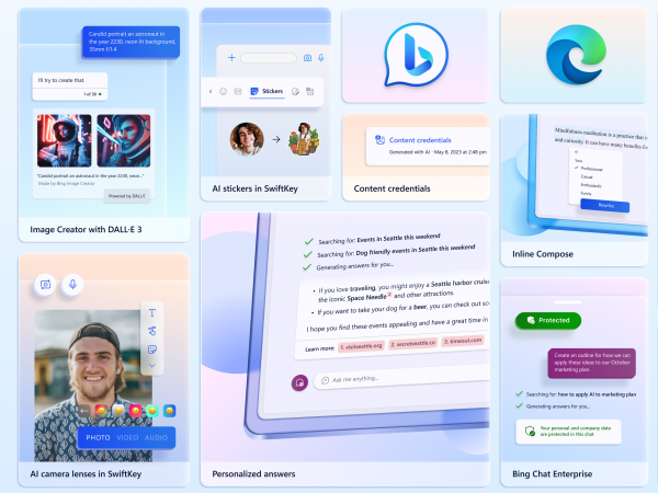 Collage of user experiences in Edge and Bing