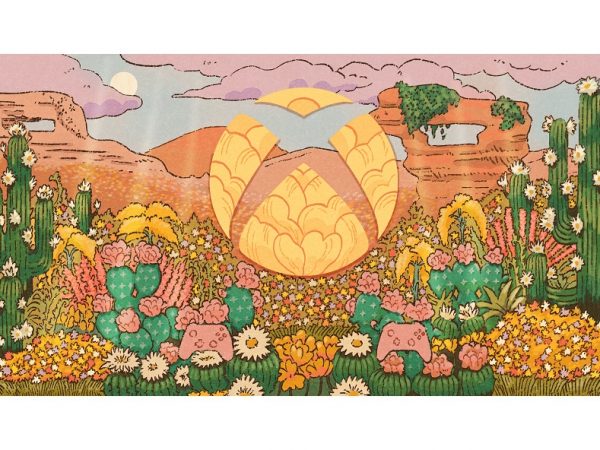 Original illustration of Xbox symbol in orange with flowers underneath