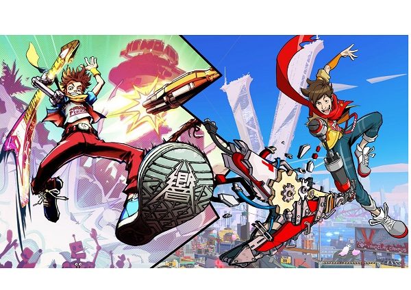 Two characters jumping in mid-air with guitars