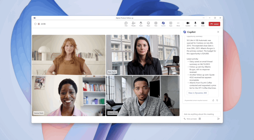 Microsoft Teams 会議のサイド パネルで Copilot が取引先企業の情報を返している