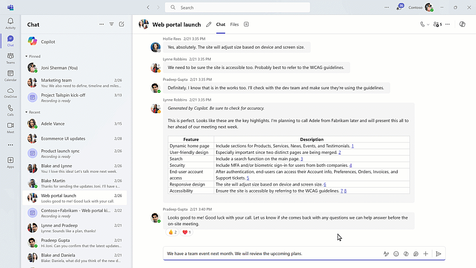 Microsoft Teams のチャット画面で、Copilot アイコンをクリックしてメニューからカスタムを選択