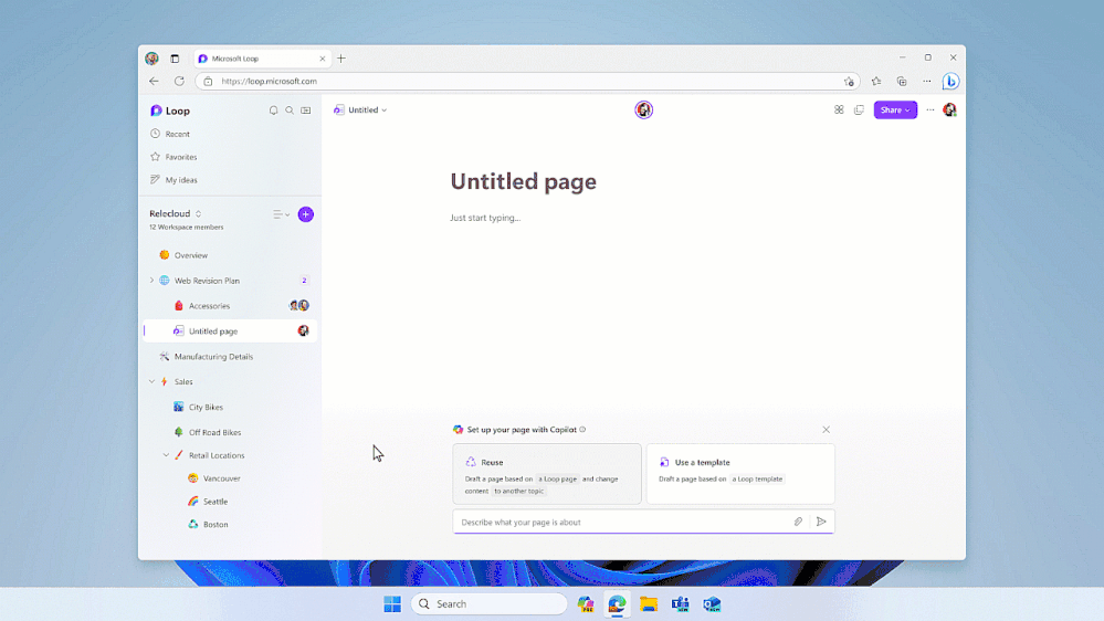 Microsoft Loop の Copilot プロンプト フィールドから、既存のページに基づいて新規のページを作成するよう依頼。新規ページは現在のトピックに対して生成される