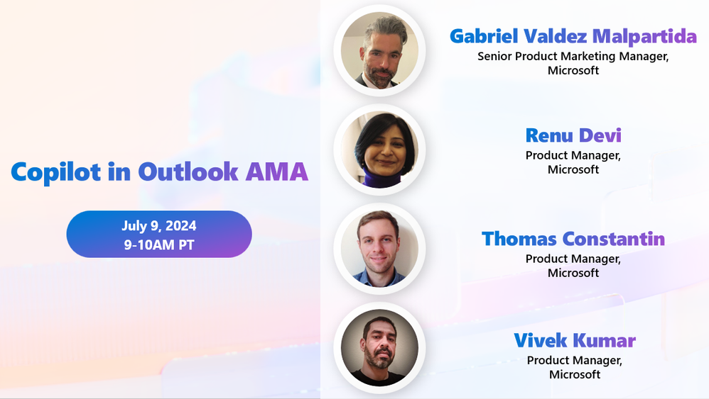 4 人のマイクロソフト社員の氏名と役職、イベント日時が記載された Copilot in Outlook AMA セッションのグラフィック広告