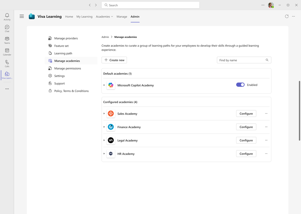 Microsoft Copilot Academy が有効化された状態の Viva Learning のインターフェイス