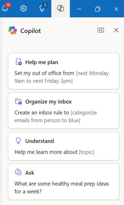 [Copilot] アイコンから Copilot in Outlook を開いたときに表示されるプロンプトのスクリーンショット