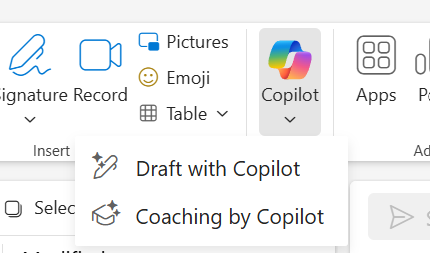 新規メールのツールバーの [Copilot] ドロップダウン メニューで [Draft with Copilot] オプションを選択している画面のスクリーンショット
