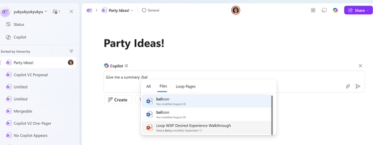 Word ドキュメントを Loop の Copilot プロンプトに追加