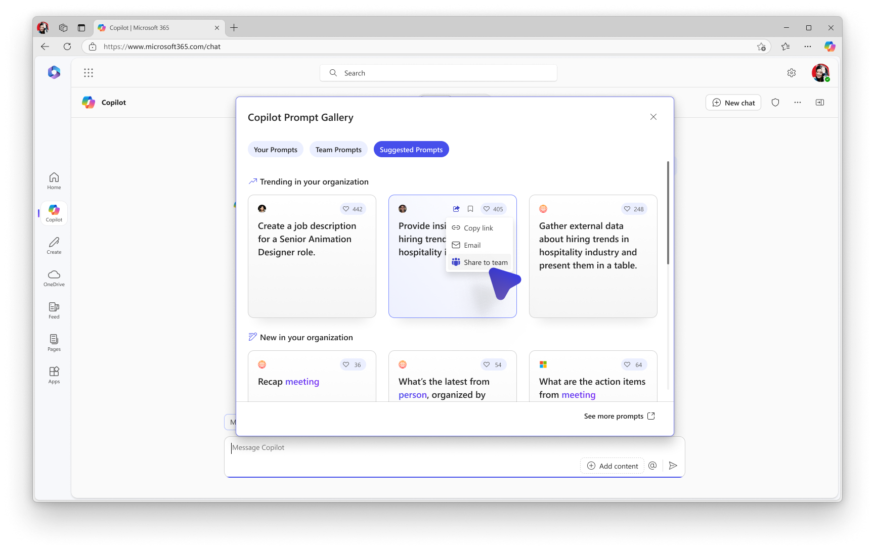 Copilot プロンプト ギャラリーでは、Microsoft 365 Copilot Business Chat 内でプロンプトを作成、保存、同僚と共有できる
