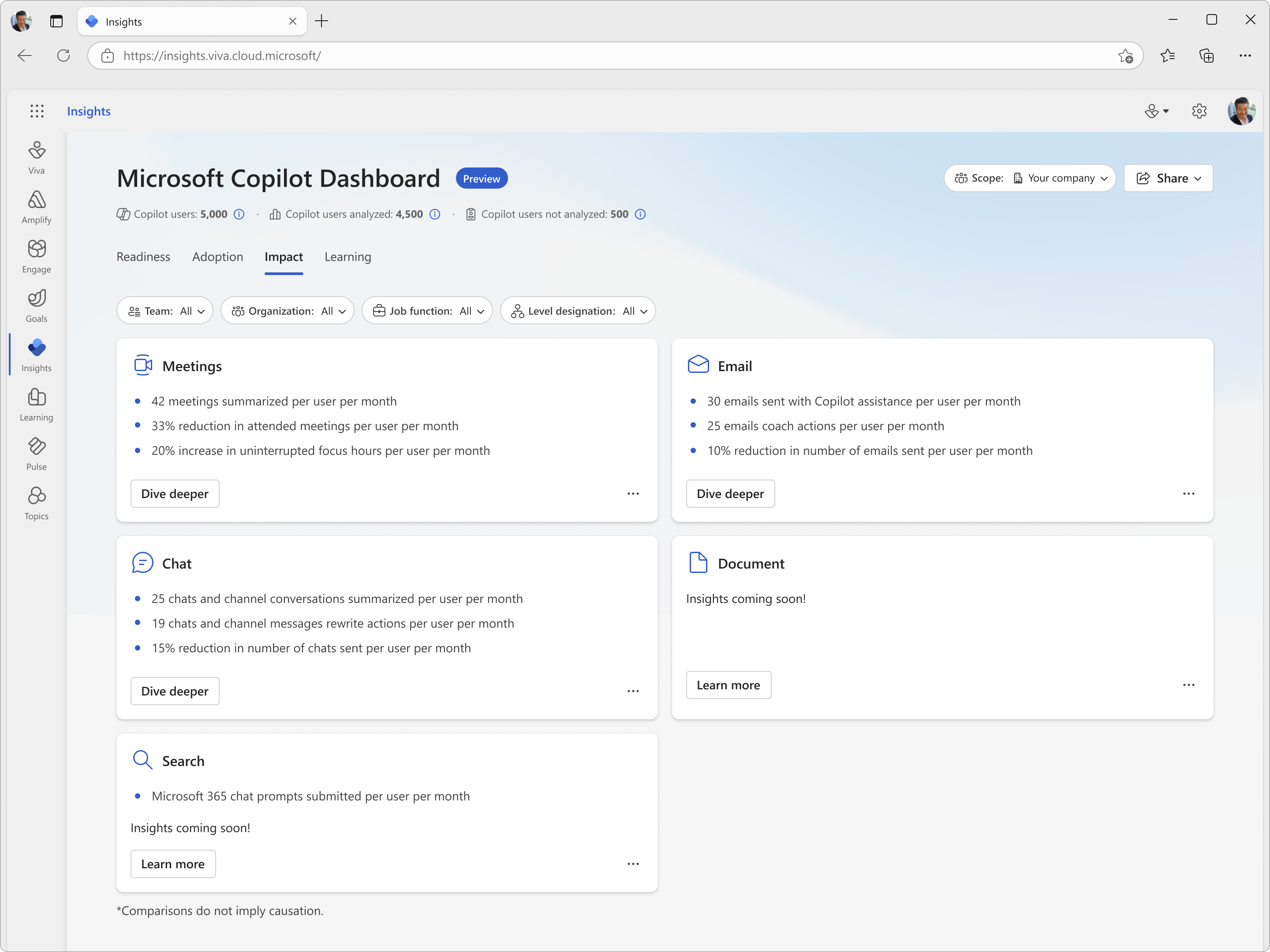 白を基調としたランディング ページ。アプリ ボタンが左側に表示され、会議、メール、チャットなどのカテゴリがリスト形式で表示される。