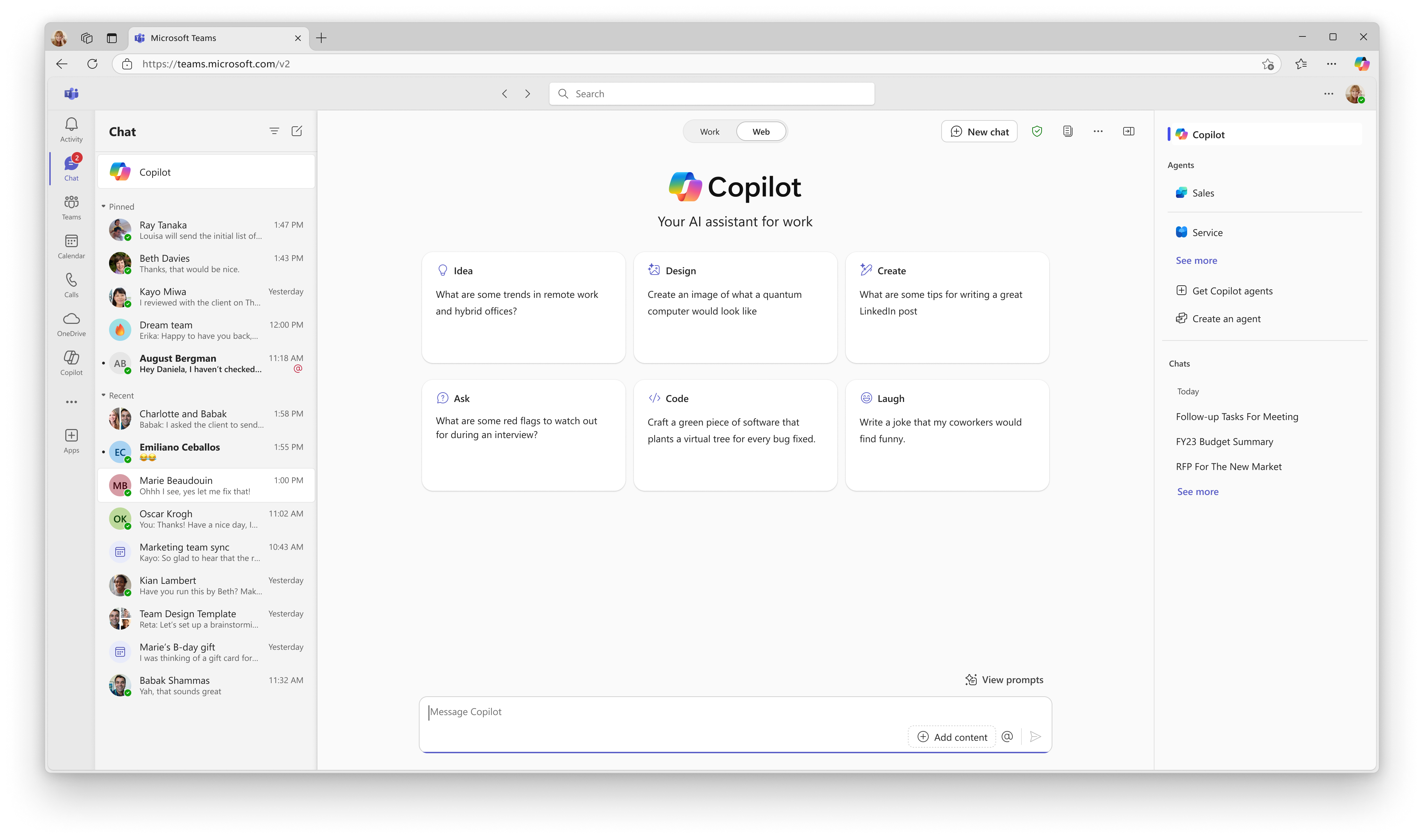 Microsoft Teams Web アプリの Microsoft 365 Copilot Business Chat Web モード