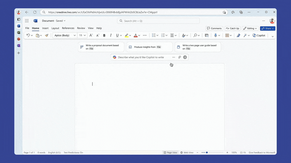Copilot in Word でプロンプトを記述。ファイルだけでなく会議やメールも参照