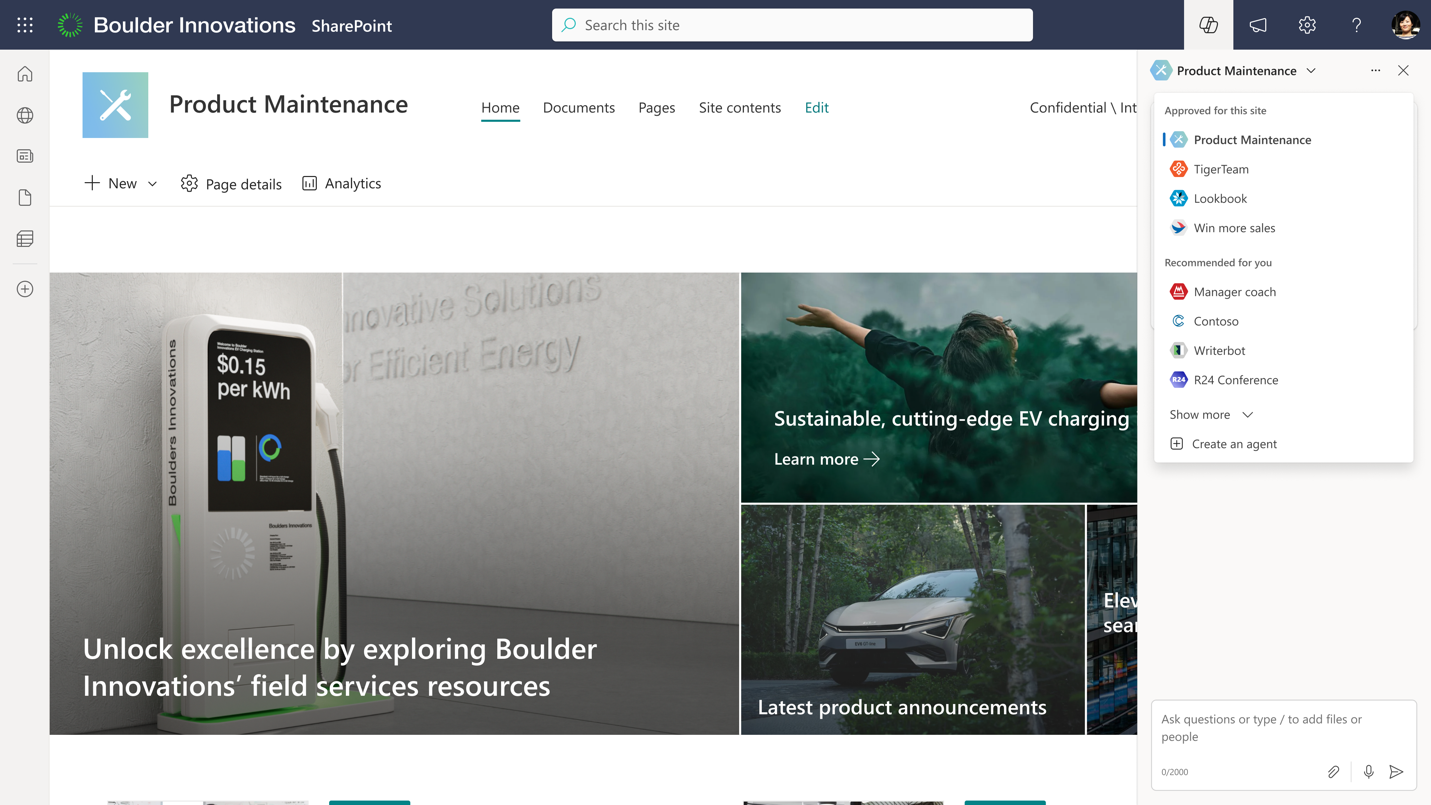 SharePoint サイトと、Copilot エージェントの一覧のドロップダウンが表示されている画面