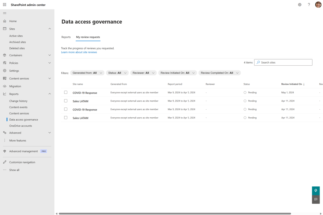 データ アクセス ガバナンス要求が表示された SharePoint 管理センターの画面