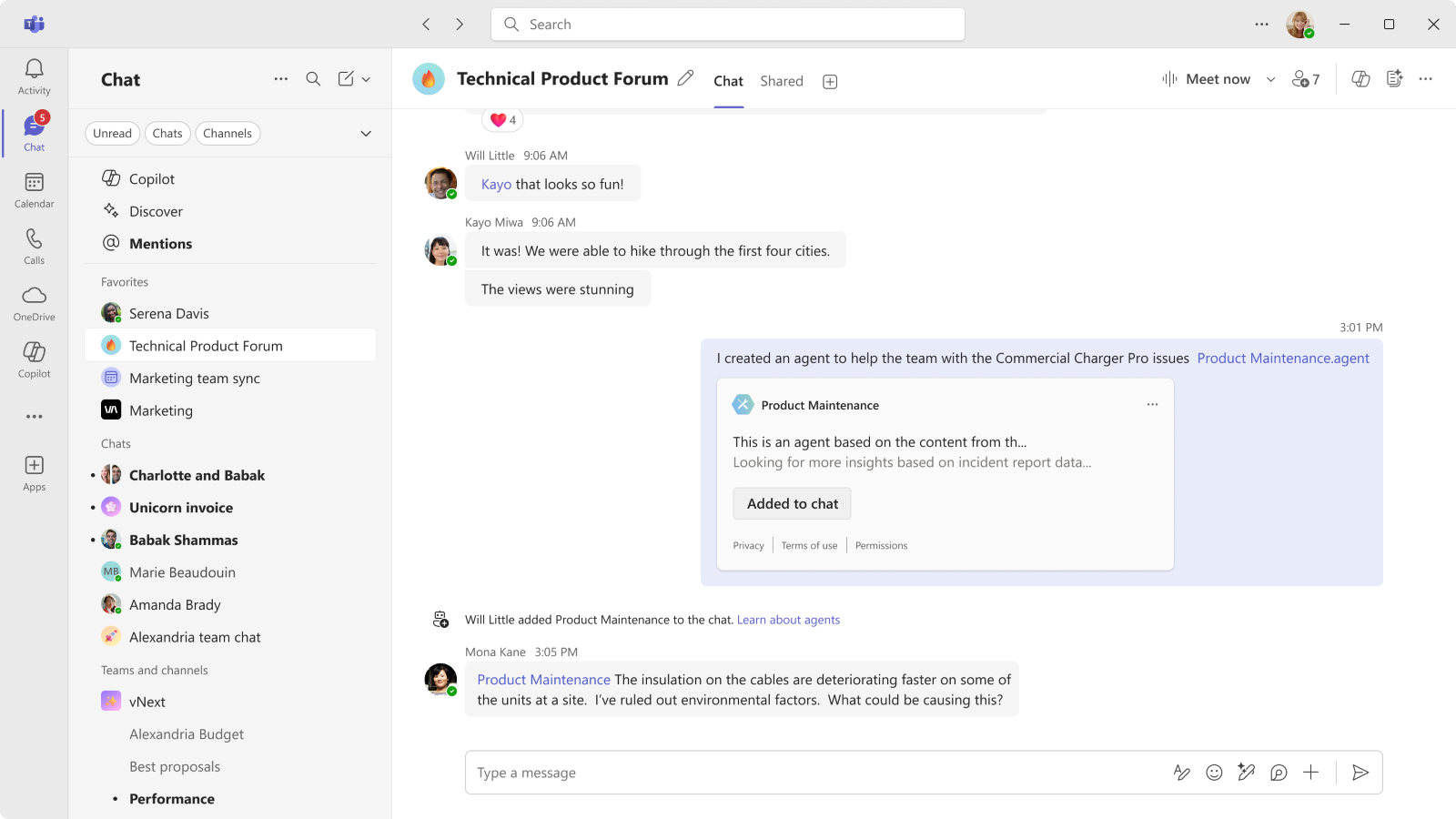 図 3: Microsoft Teams チャットでエージェントを @ メンションしているようす
