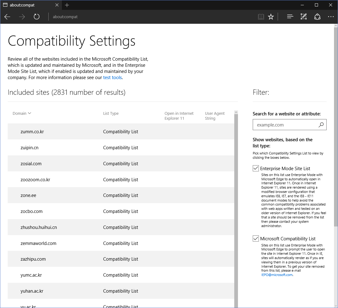 Screen capture showing the about:compat interface in Microsoft Edge