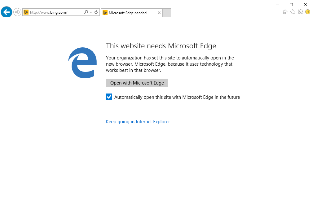 Screen capture showing Internet Explorer 11 prompting the user to open a site in Internet Explorer 11.