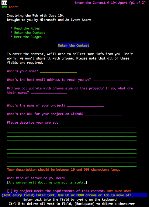 Screen capture showing the 10K Apart contest form in the Lynx web browser