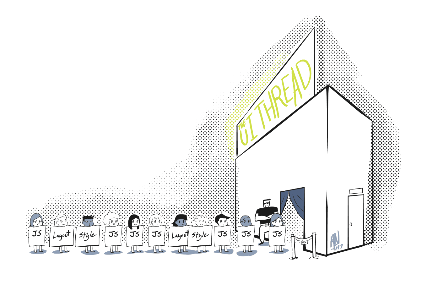 Illustration showing a club, "The UI Thread." In front of the club, a long queue of customers are lined up, labelled "JS, Style, Layout," etc.
