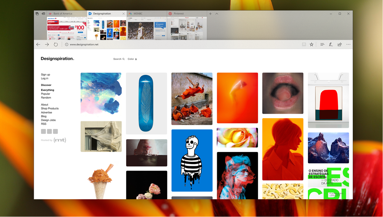 Screen capture showing Fluent Design in Microsoft Edge. The use of materials like Acrylic allows elements of the background to influence the color and texture of the browser frame.