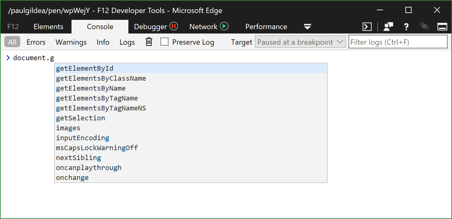 Screen capture showing the Monaco IntelliSense experience in the DevTools console