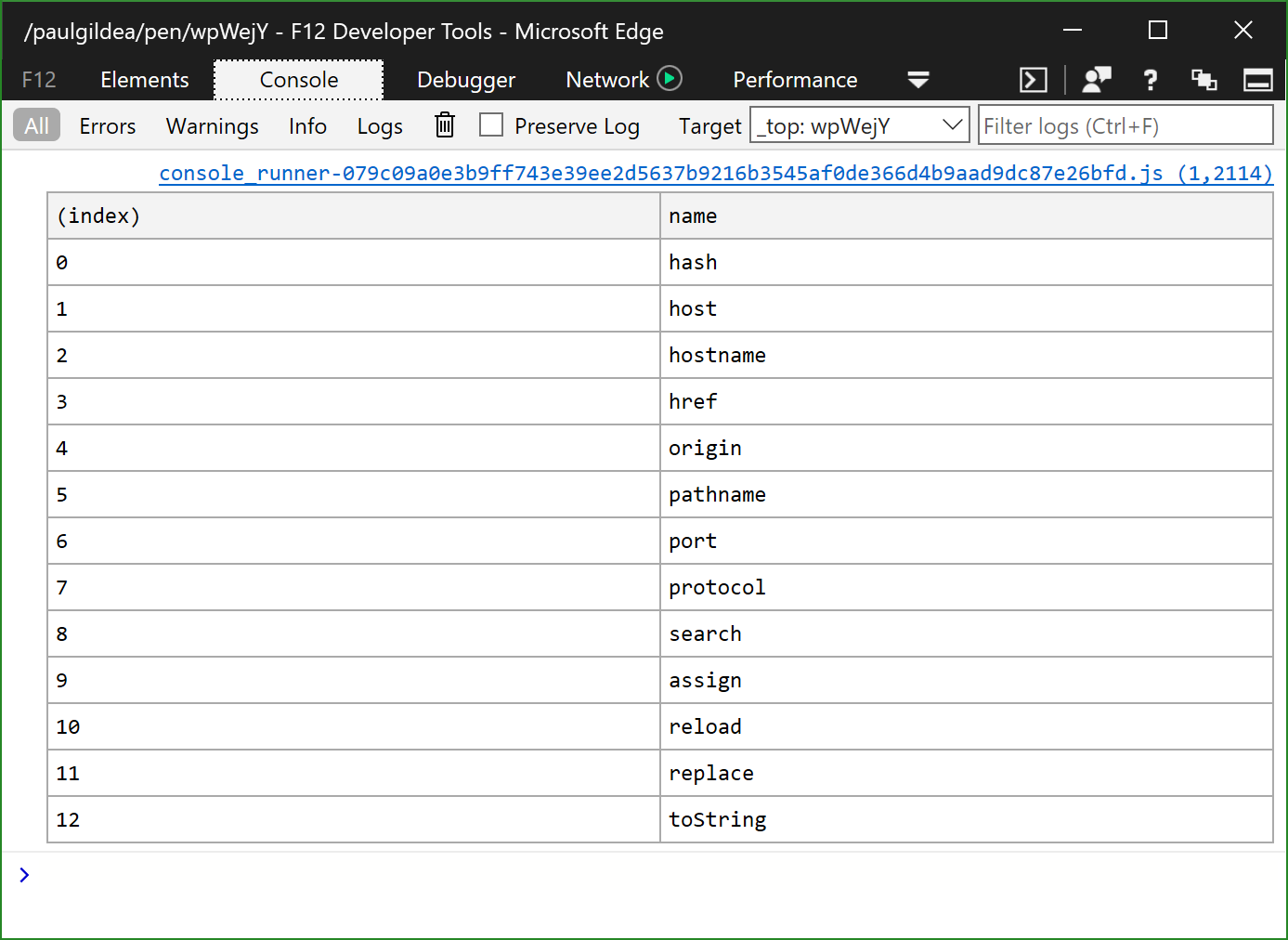 Screen capture showing the Console output filtered to a two-column table showing only "(index)" and "name" columns.