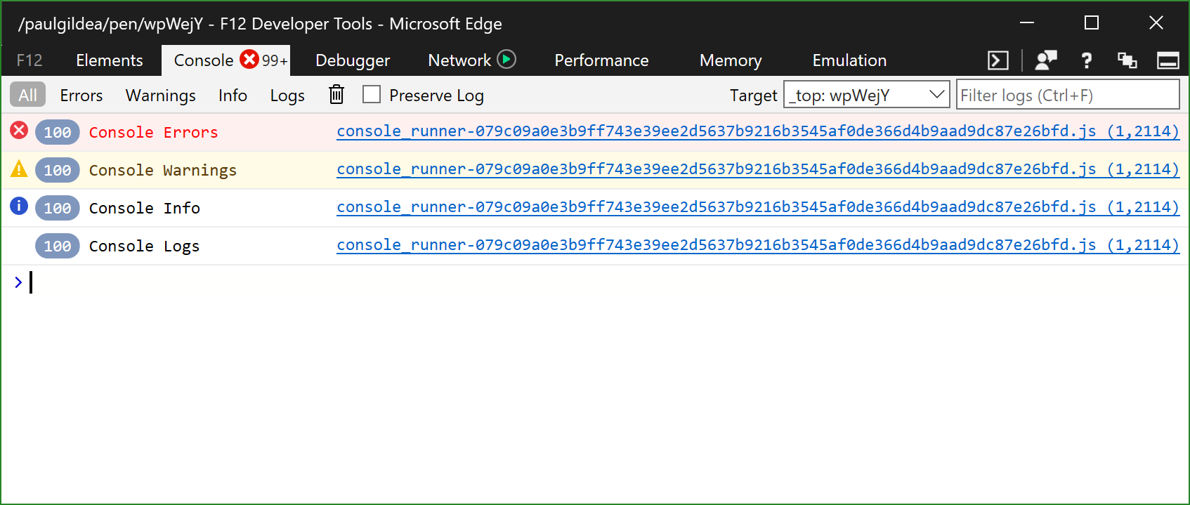 Screen capture showing consolidated Console output (coalesced into 100 each of Errors, Warnings, Info, and Logs, with a different color, icon, and highlight used for each type.)