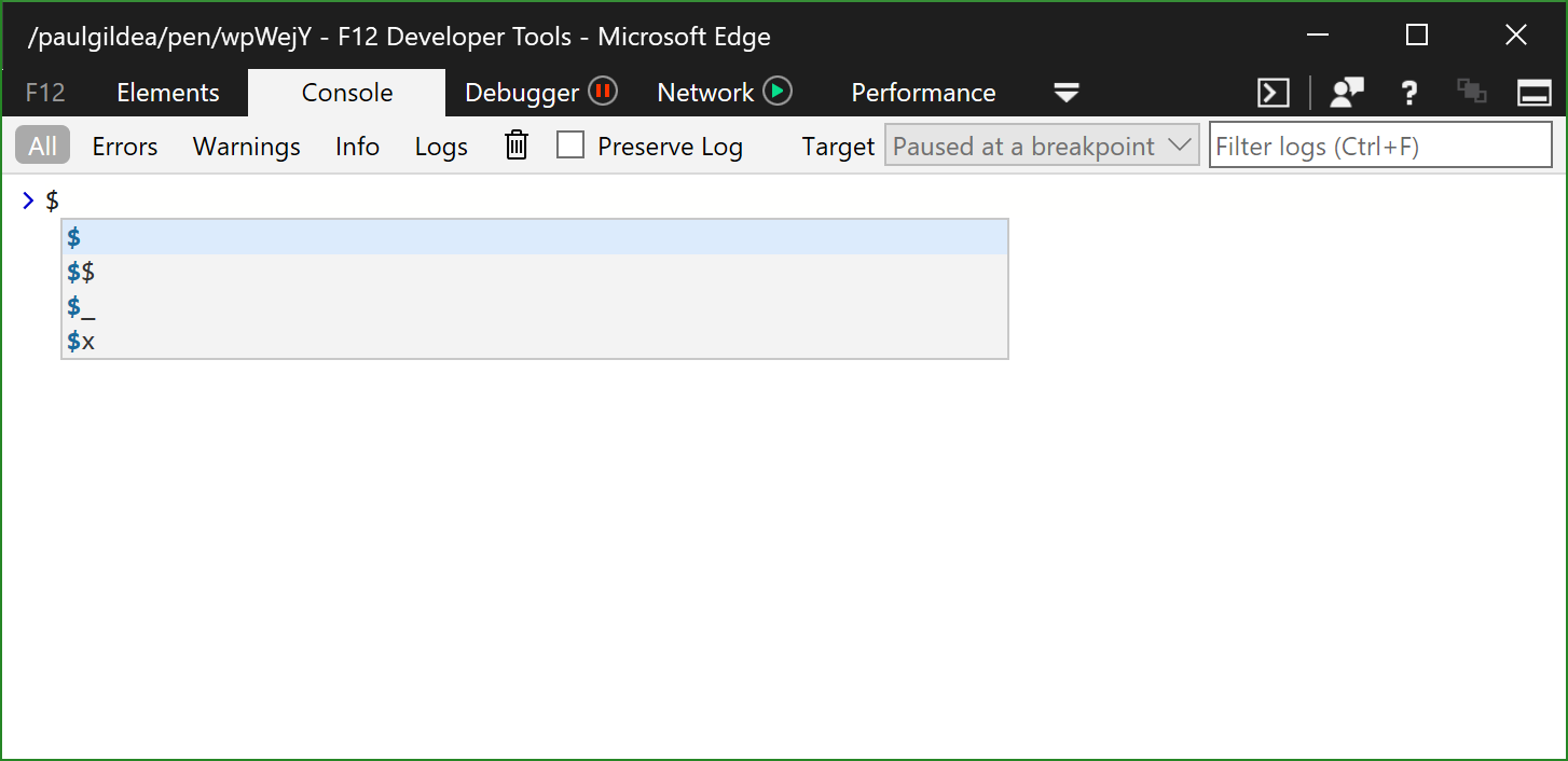 Screen capture showing the $x(xpath expression) selector autocomplete in the DevTools console