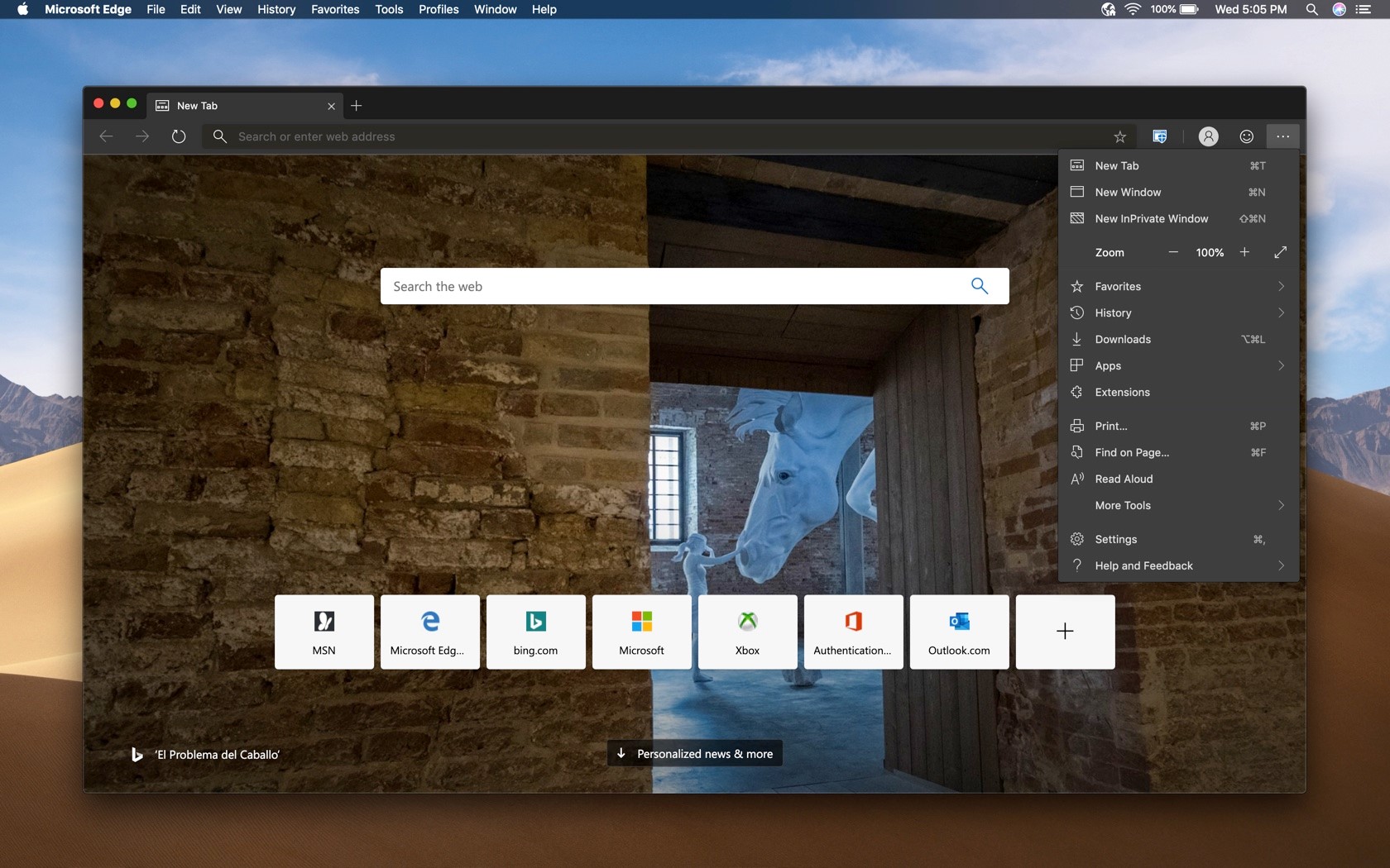 Screen capture showing the new "dark" theme in Microsoft Edge