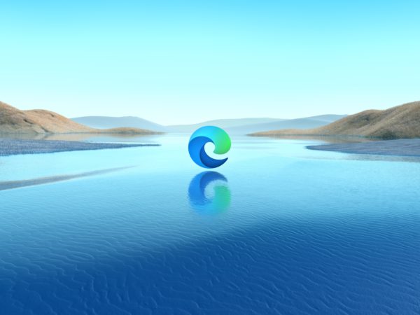 Microsoft Edge icon superimposed on a landscape.