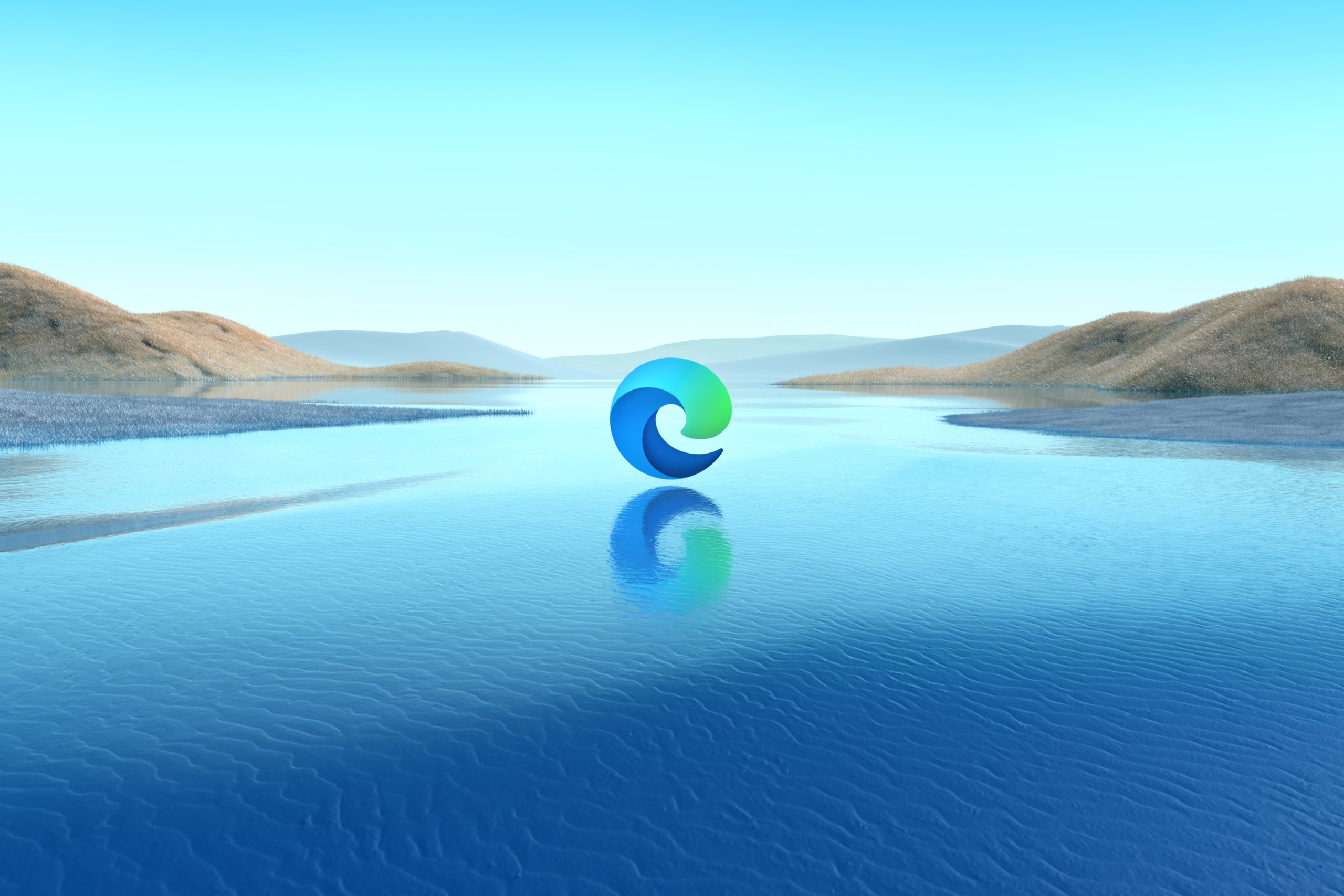 Microsoft Edge icon superimposed on a landscape.