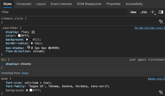 The styles editor showing all the styles applied to the current element sorted by specificity