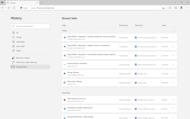 Animation showing Shared Links view in the Edge history pane.